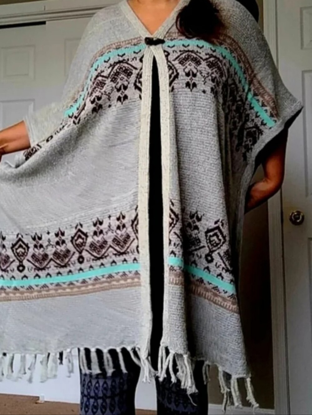 Kontrol Boho Fringe Knit Poncho Sweater -Oversized, Fits Multiple Sizes